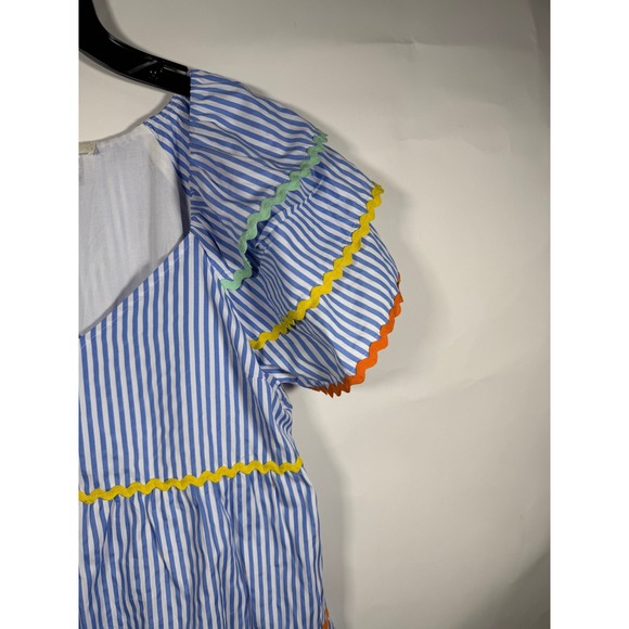 Entro Blue White Stripe Ric Rac Trim Tiered Flutter Sleeve Mini Dress Medium - Picture 5 of 11